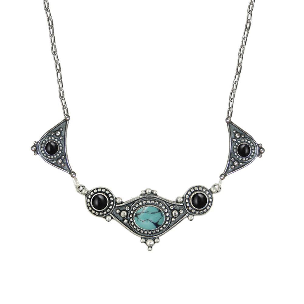 Sterling Silver Romantic Necklace With Chinese Turquoise And Black Onyx